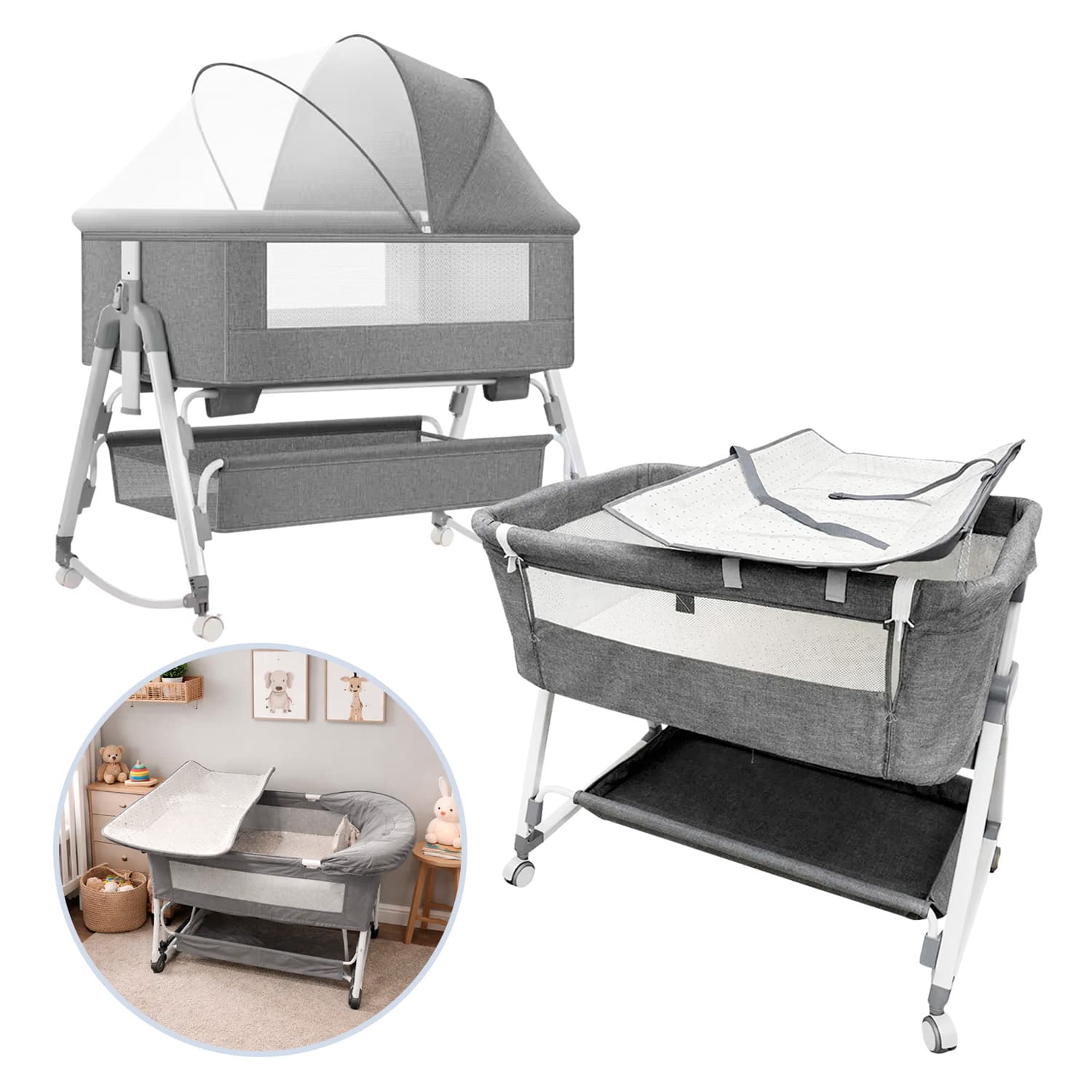 Cuna Mecedora Cambiador 5 en 1 Mosquitero y Altura Ajustable
