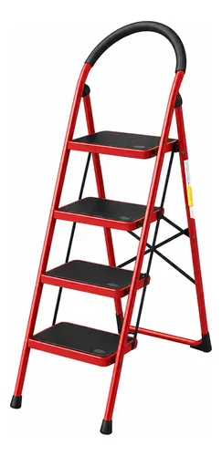Escalera Tubular 4 Pasos Plegable Peldaño Ancho 150kg Rojo