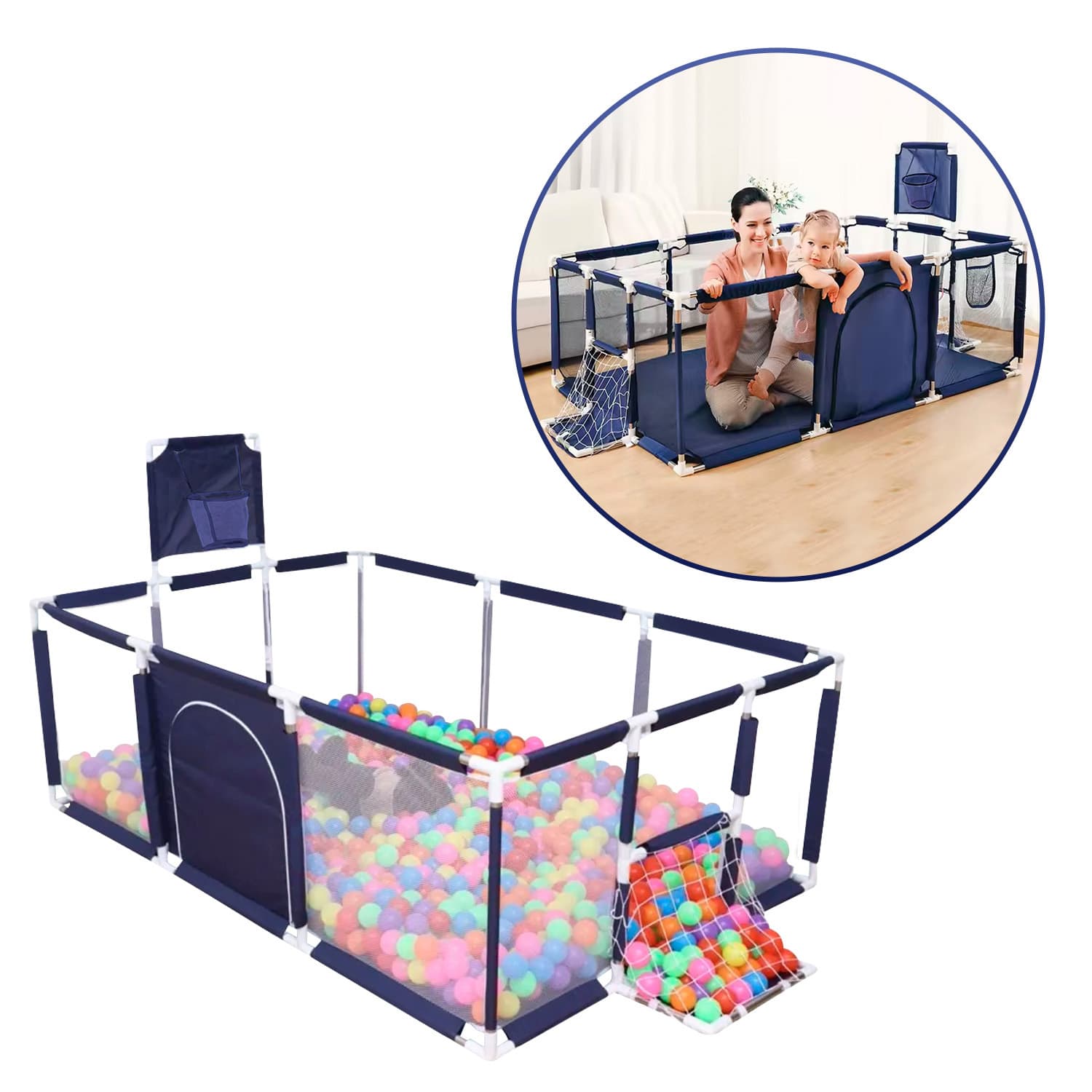 Cuna corral para bebe con aro de basketball y tela resistente