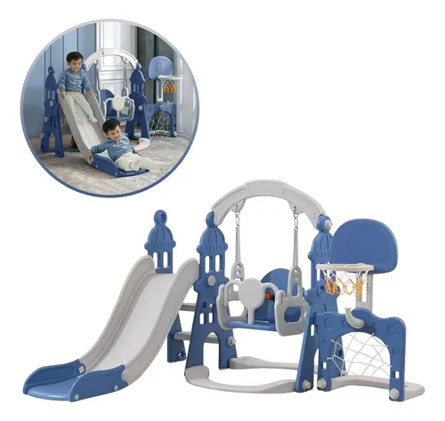 Tobogan Para Niños 4 En 1 Columpio Canasta Y Arco De Futbol Azul Acero